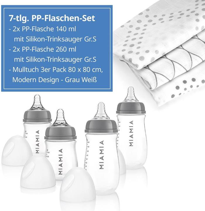 Produktbild MiaMia 7-tlg. PP-Flaschen-Set mit Silikon-Trinksauger (140 ml)
