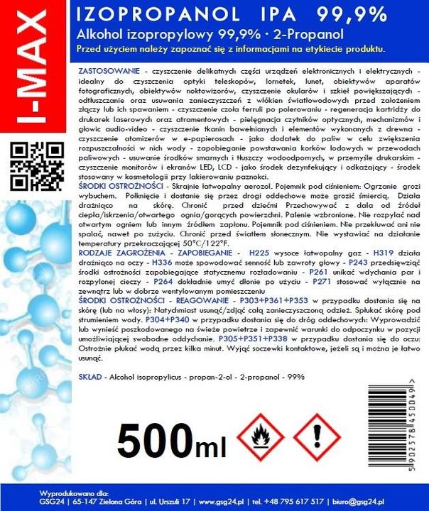 Immagine prodotto Gsg24 Alcool isopropilico Isopropanolo IPA I-MAX 99,9% Spray 500ML