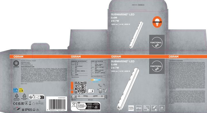 Produktbild Osram Submarine 2 x 7W 4000K LED-Feuchtraumleuchte G13 14.00 W Kaltweiss Grau (1300 lm, G13)