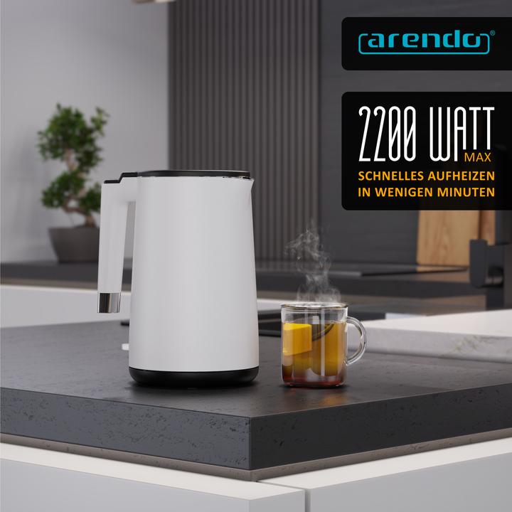 Produktbild Arendo Wasserkocher 1,5 L, Edelstahl, Doppelwand-Design, 360° Controller, weiss matt, 2000 W, Teekocher (1.50 l)