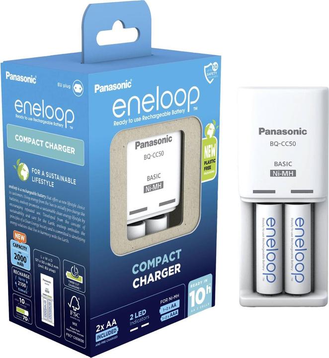 Panasonic eneloop Compact Charger BQ-CC50 (2 Stk., AA, 1900 mAh, Ladegerät inkl. Akku)