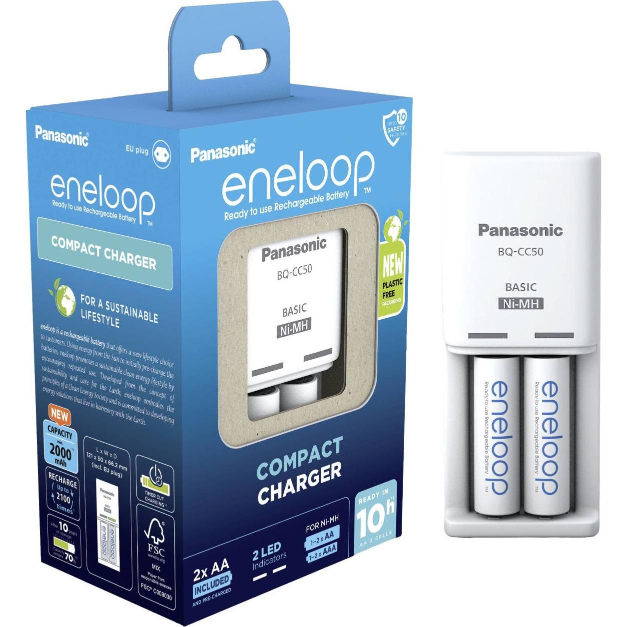 Panasonic eneloop Compact Charger BQ-CC50 (2 Stk., AA, 1900 mAh, Ladegerät inkl. Akku), Akku Ladegerät