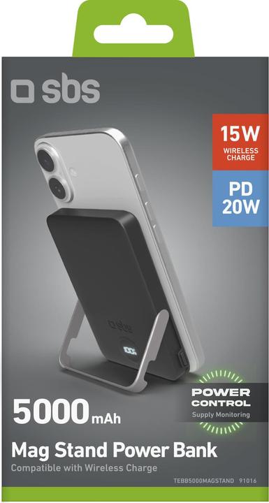 Image du produit SBS Banque d'alimentation de 5 000 mAh, recharge sans fil et support intégré (5000 mAh, 20 W)