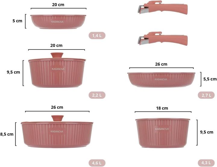 Immagine prodotto Kasanova Eaziclip Keramik-Kochgeschirr-Set mit abnehmbaren Griffen (Padella per friggere, Ceramica, 20 x 26 cm)