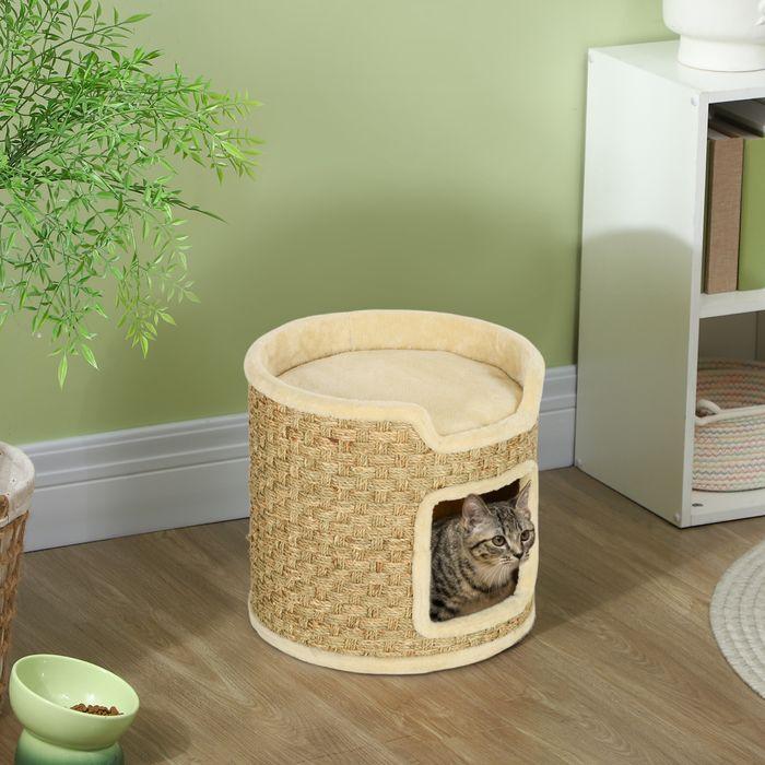 Produktbild Swisshandel24 Kratztonne, 37 cm Hoch Katzentonne mit Tür Kratzbaum mit 2 Ebene Katze bis 5 kg (37 cm, Khaki+Beige)