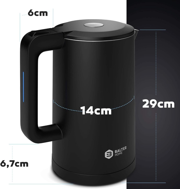 Produktbild Balter Wasserkocher 1,7 L, Edelstahl, 2200 W – kabellos, Kalkfilter, Cool-Touch-Griff, Schwarz (1.70 l)