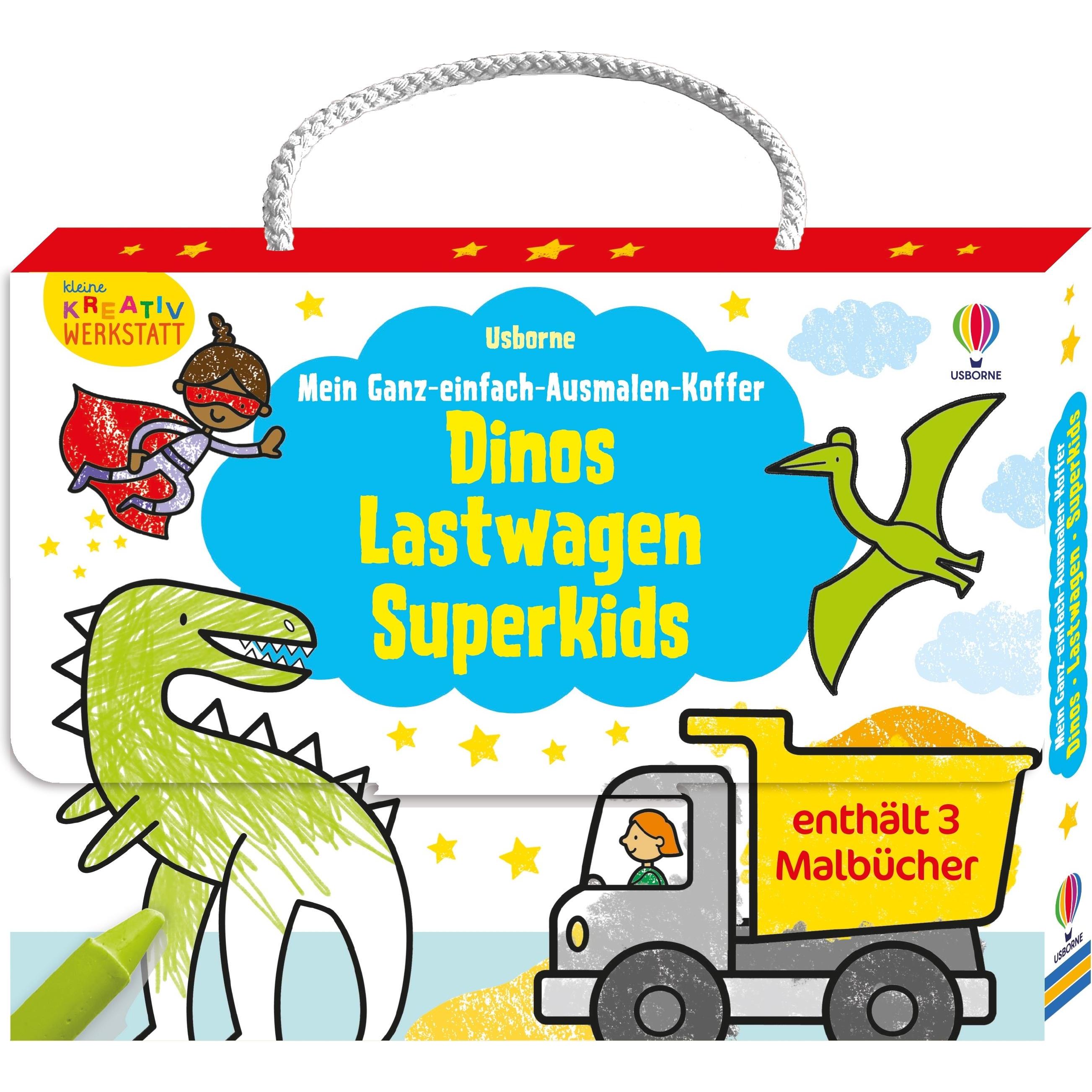 Usborne Publishing Kleine Kreativ-Werkstatt – Mein Ganz-einfach-Ausmalen-Koffer: Dinos, Lastwagen, Superkids