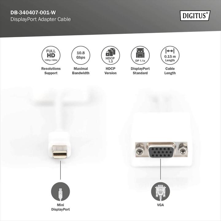 Produktbild Digitus DisplayPort Adapterkabel, mini DP - HD15 St/Bu DP, CE, we (Mini DP, 15 cm)