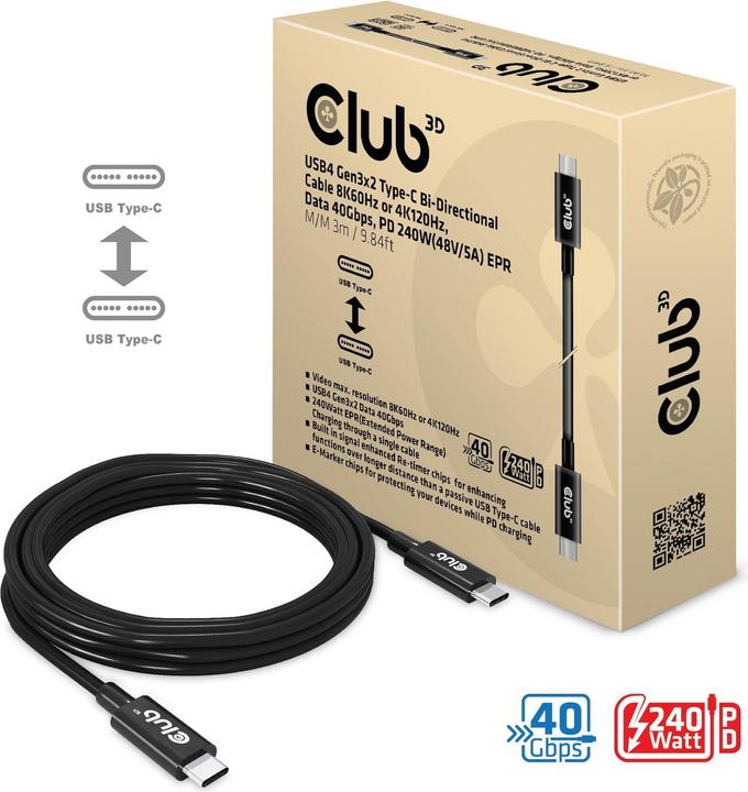 Produktbild Club 3D USB C — USB C (3 m, USB 4.0, 240 W)