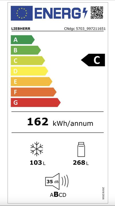 Energy Label Liebherr CNdgc5703-20 Pure EasyFresh NoFrost Stand-Kühl-Gefrierkombination (371 l)