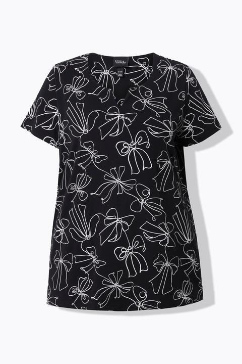 Actual product image Ulla Popken Bow Print Split Neck Short Sleeve Tee (54)