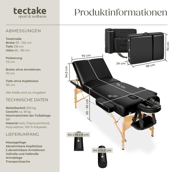 Immagine prodotto tectake Set lettino da massaggio a 3 zone Somwang con imbottitura di 7,5cm, rulli e telaio in legno