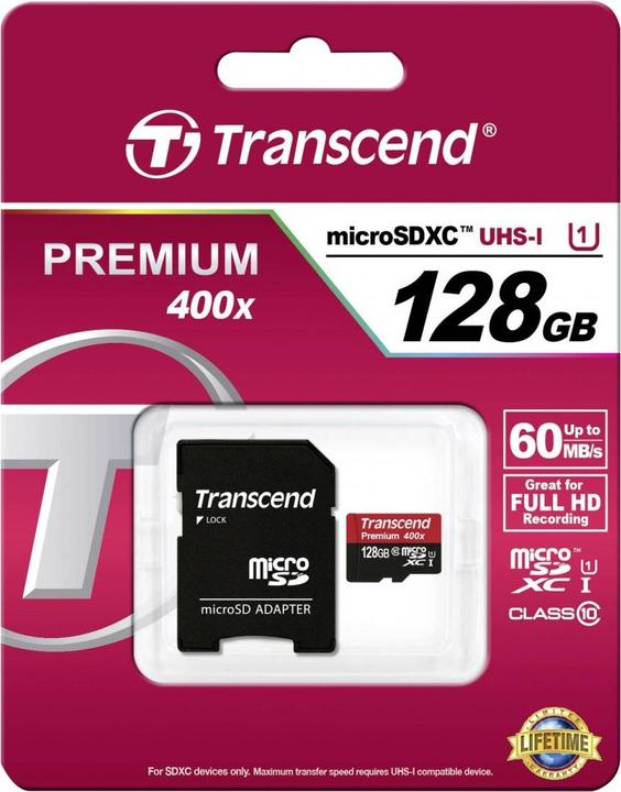 Image du produit Transcend microSDXC 400x avec adaptateur (128 Go, microSDXC, U1, UHS-I)