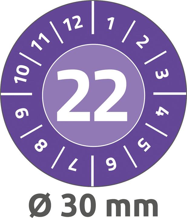 Produktbild Avery Dennison Zweckform Prüfplaketten, 2022, NoPeel, violett, 30 mm abziehsicher, aus Sicherheits-Folie, hinterläs