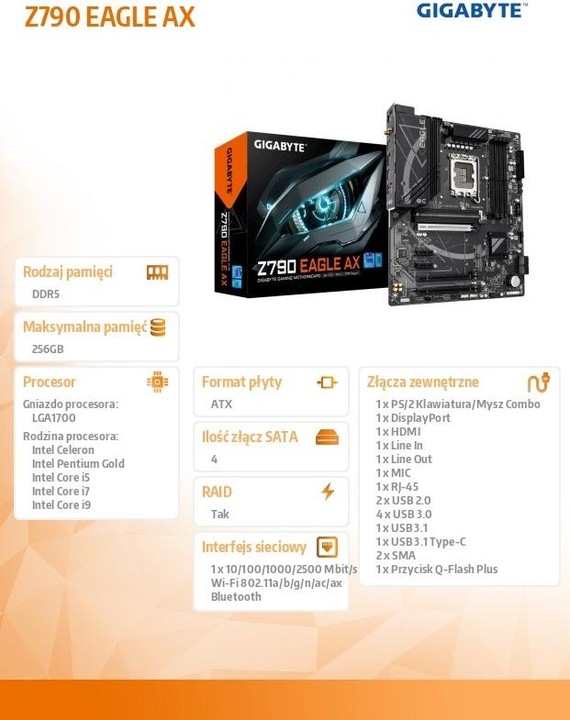 Produktbild Gigabyte Z790 EAGLE AX (rev. 1.x) (LGA 1700, Intel Z790 Express, ATX)