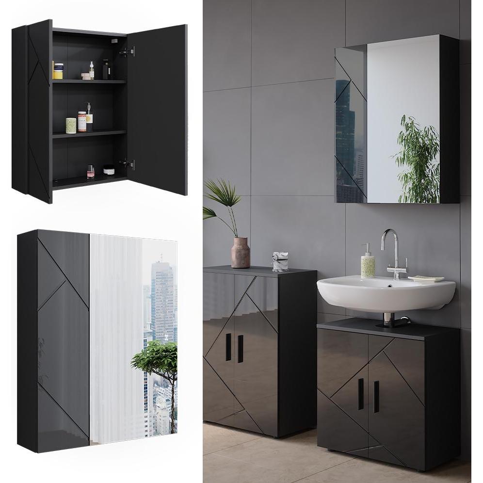 Thumbnail - Vicco, Spiegelschrank, Badspiegelschrank Irma, Anthrazit/Anthrazit Hochglanz/Anthrazit Hochglanz, 60 x 75 cm