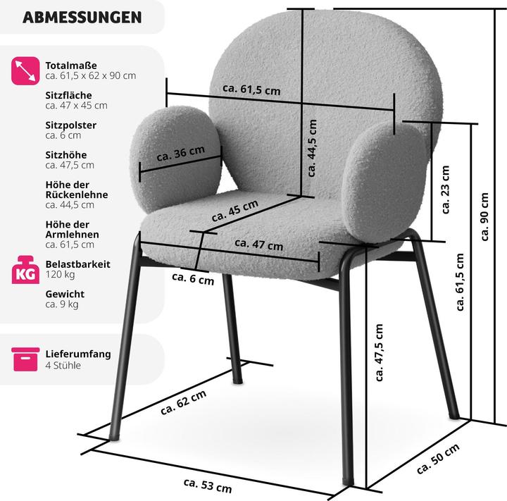 Produktbild tectake 4er Set Scandi gepolstert