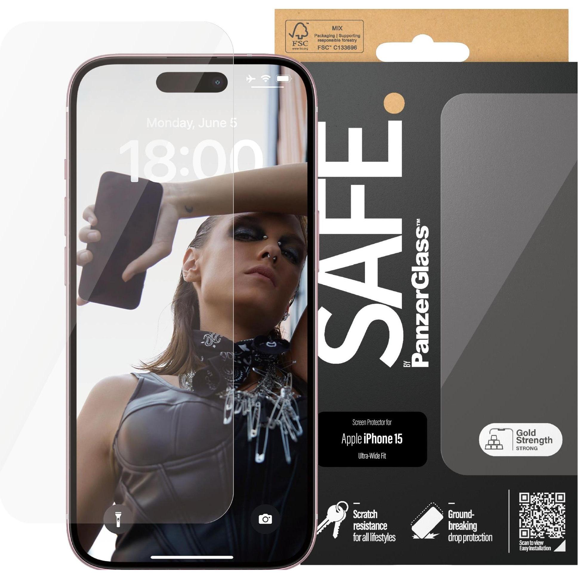 PanzerGlass SAFE. Screen Protector Ultra-Wide Fit (1 Stück, Apple iPhone 15), Smartphone Schutzfolie, Transparent