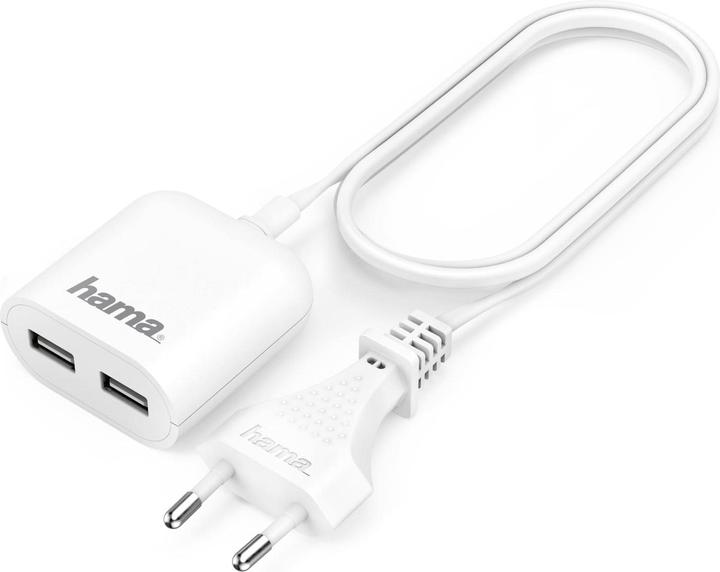 Produktbild Hama USB-Netzteil mit 1,9 m langem Kabel, 2,4 A, 2x USB-A, Weiss (12 W, 2 Ports)