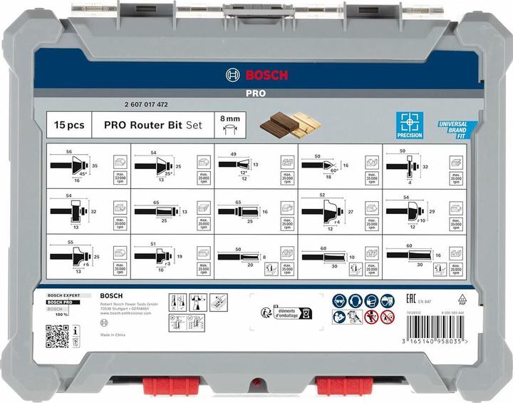 Produktbild Bosch Professional Zubehör 15-teiliges Fräser-Set, 8-mm-Schaft für Handfräsen