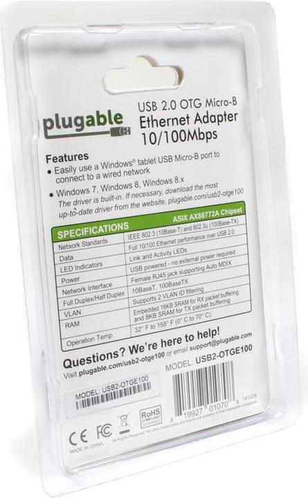 Productafbeelding Plugable USB OTG naar Ethernet-adapter (Micro USB, RJ45/LAN (1x))