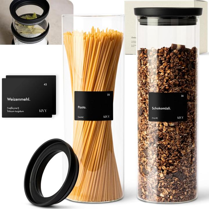 Kivy 2-teiliges Vorratsgläser mit transparenten Glasdeckel und Etiketten (1.80 l)