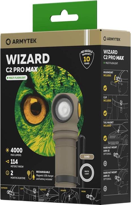 Actual product image ArmyTek Wizard C2 Pro Max Sand White LED torch with belt clip, with holster battery-powered 400 (12.15 cm, 4000 lm)