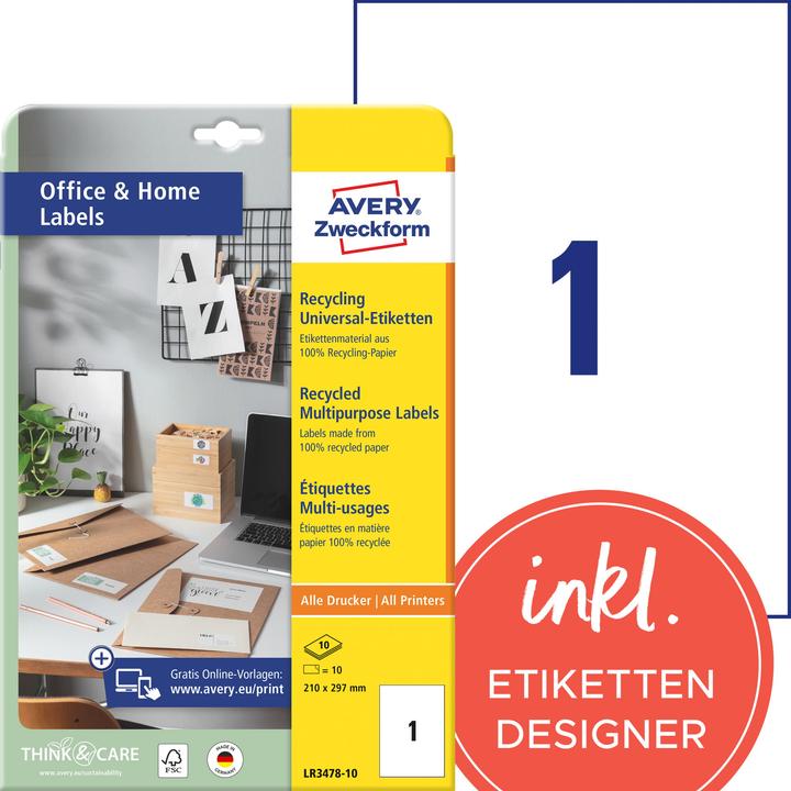 Productafbeelding Avery Universele etiketten 210 x 297 mm, 10 vel