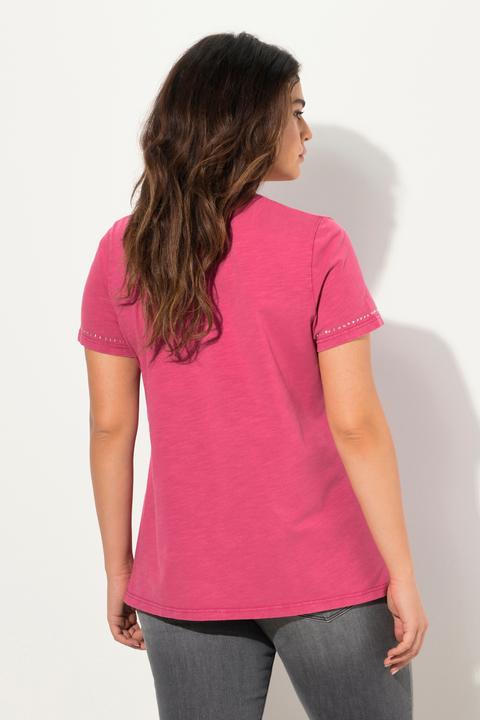 Image du produit Ulla Popken T-shirt cold dyed. Rivets fantaisie, col en V et manches courtes. (46, 48)