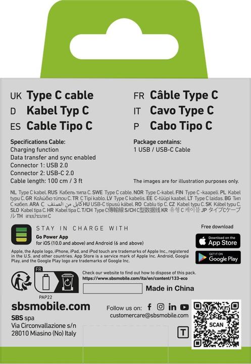 Energie-Label SBS Datenübertragungs- und Ladekabel Typ C - USB 2.0 (1 m, USB 2.0)