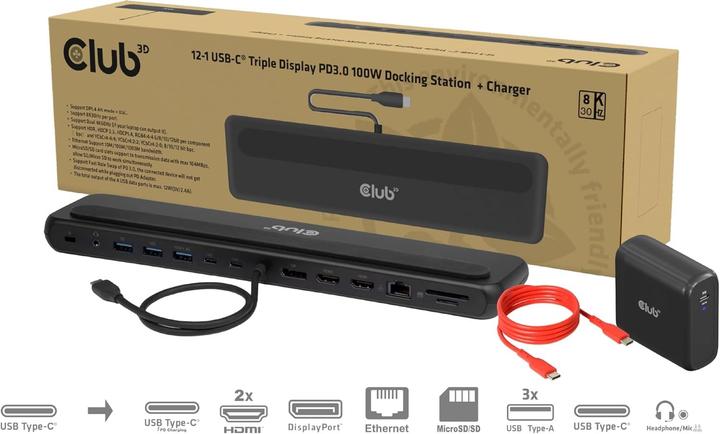 Actual product image Club 3D Club3D USB-C 12in1-Dock >DP1.4/2xHDMI/2xUSB-C/ 8K30Hz PD100W retail (USB-C)