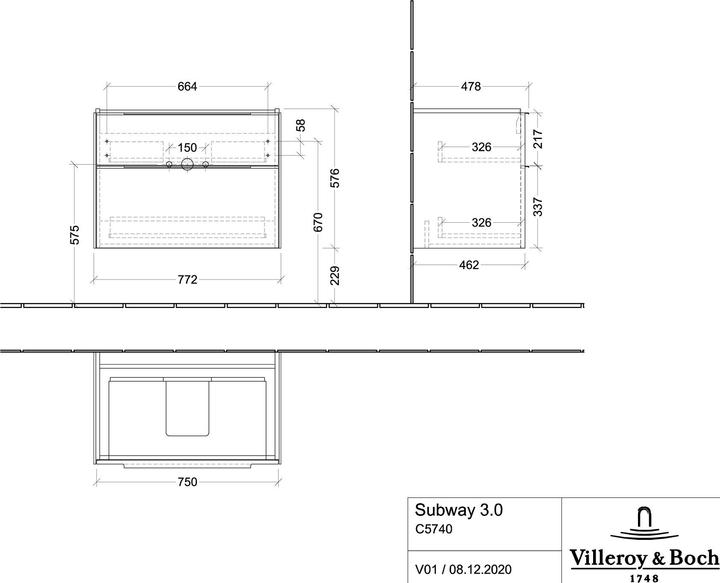 Produktbild Villeroy & Boch Subway 3.0, Waschbeckenunterschrank, 772x576x478 mm, 2 Auszüge, C5740