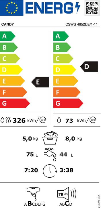 Label énergétique Candy CSWS 4852DE/1-11 lave-linge séchant Installation gratuite Chargement frontal Blanc E (Prise UE)