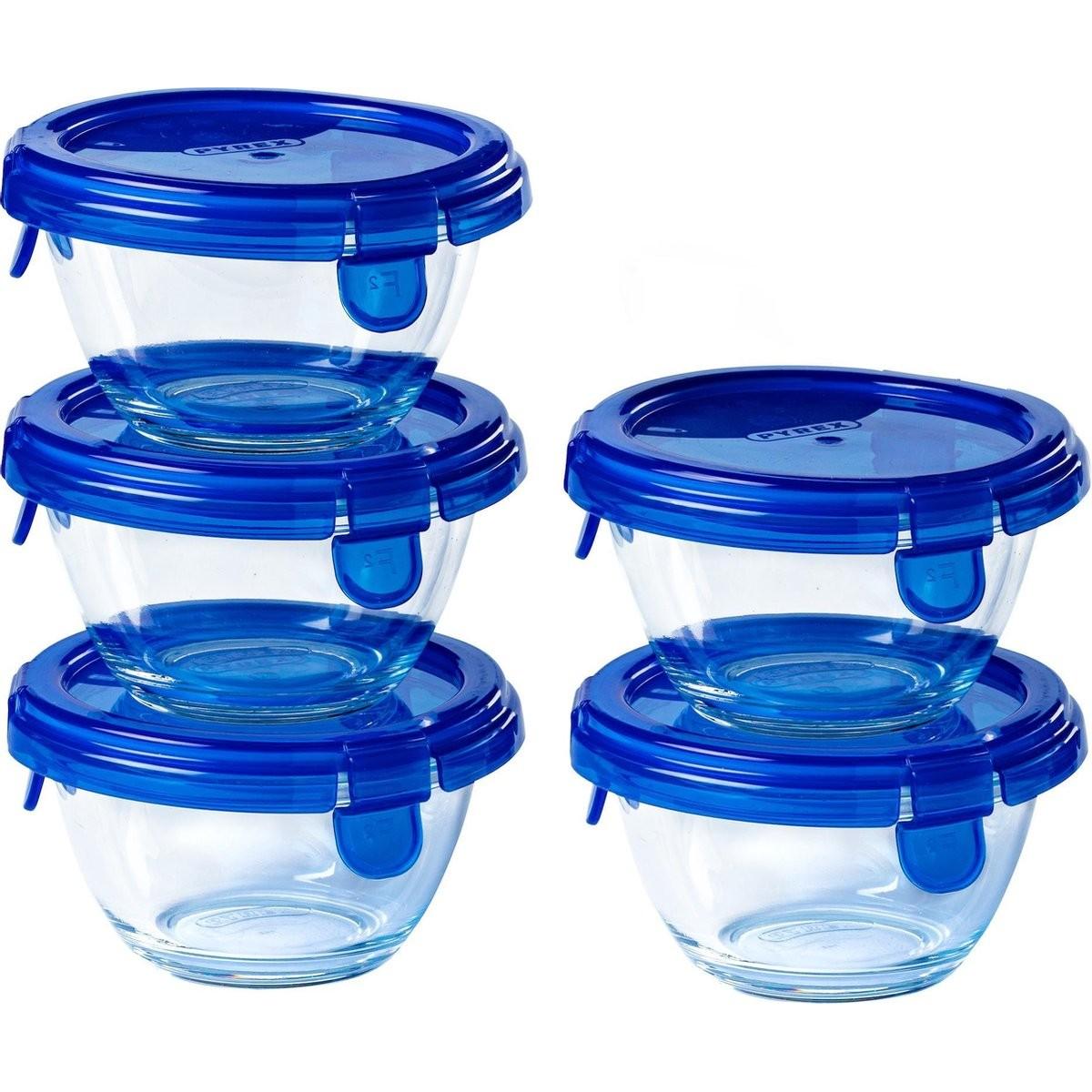 Tefal & Go Ronde Schaal Met Deksel - Set di 5 pezzi - Blauw - Pyrex, Contenitore per alimenti, Blu, Trasparente
