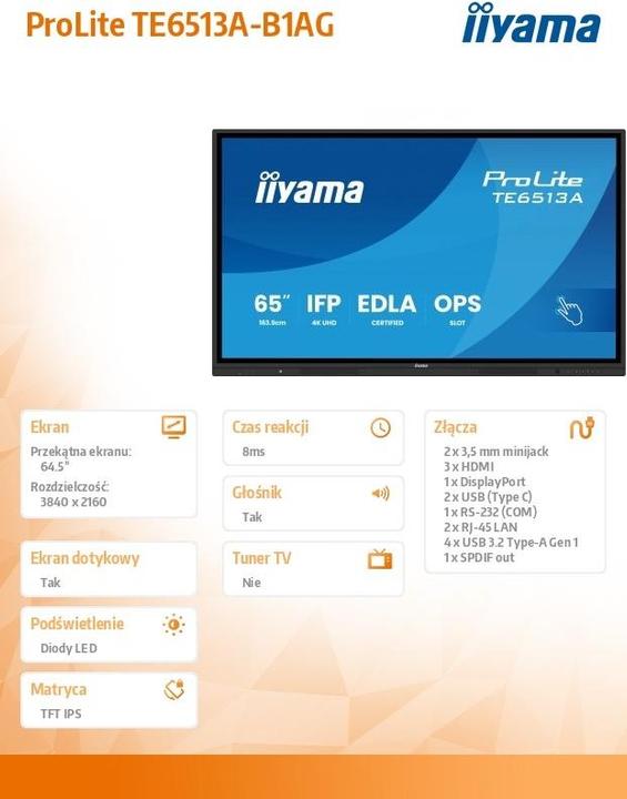 Actual product image iiyama 163.9cm(65") TE6513A-B1AG 16:9 Touch 2xHDMI+2xUSB-C (Speditionsversand) (3840 x 2160 Pixels, 64.50")