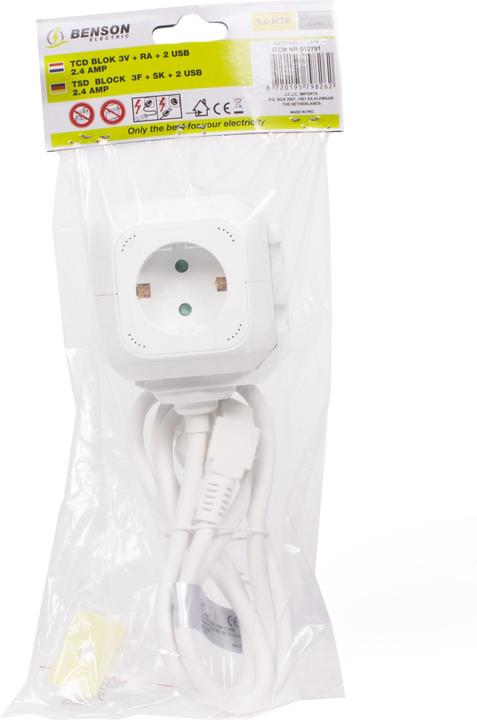 Actual product image Benson Electric Extension socket 3-way + earth + 2 USB 2.4a 1.5 m (3x, CEE 7/3, 1.50 m)