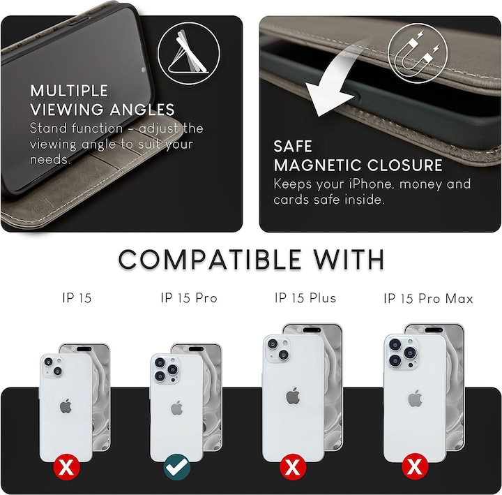 Produktbild Nalia Echt Leder Flip Case Hülle mit Magnetverschluss (Apple iPhone 15 Pro)