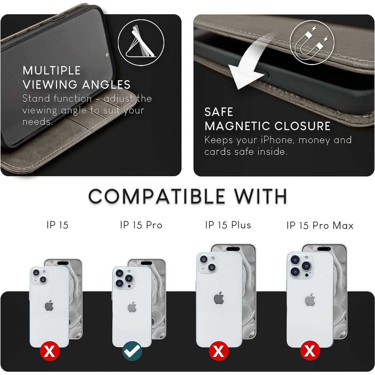 Thumbnail - Nalia Echt Leder Flip Case Hülle mit Magnetverschluss (Apple iPhone 15 Pro), Smartphone Hülle, Grau