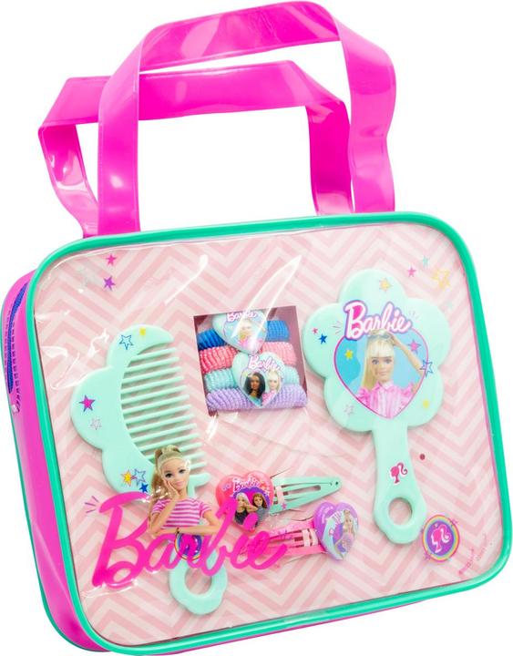 Barbie hair accessories set in PVC glitter bag with 2 glitter hair clips, 4 hair bands, comb and mirror