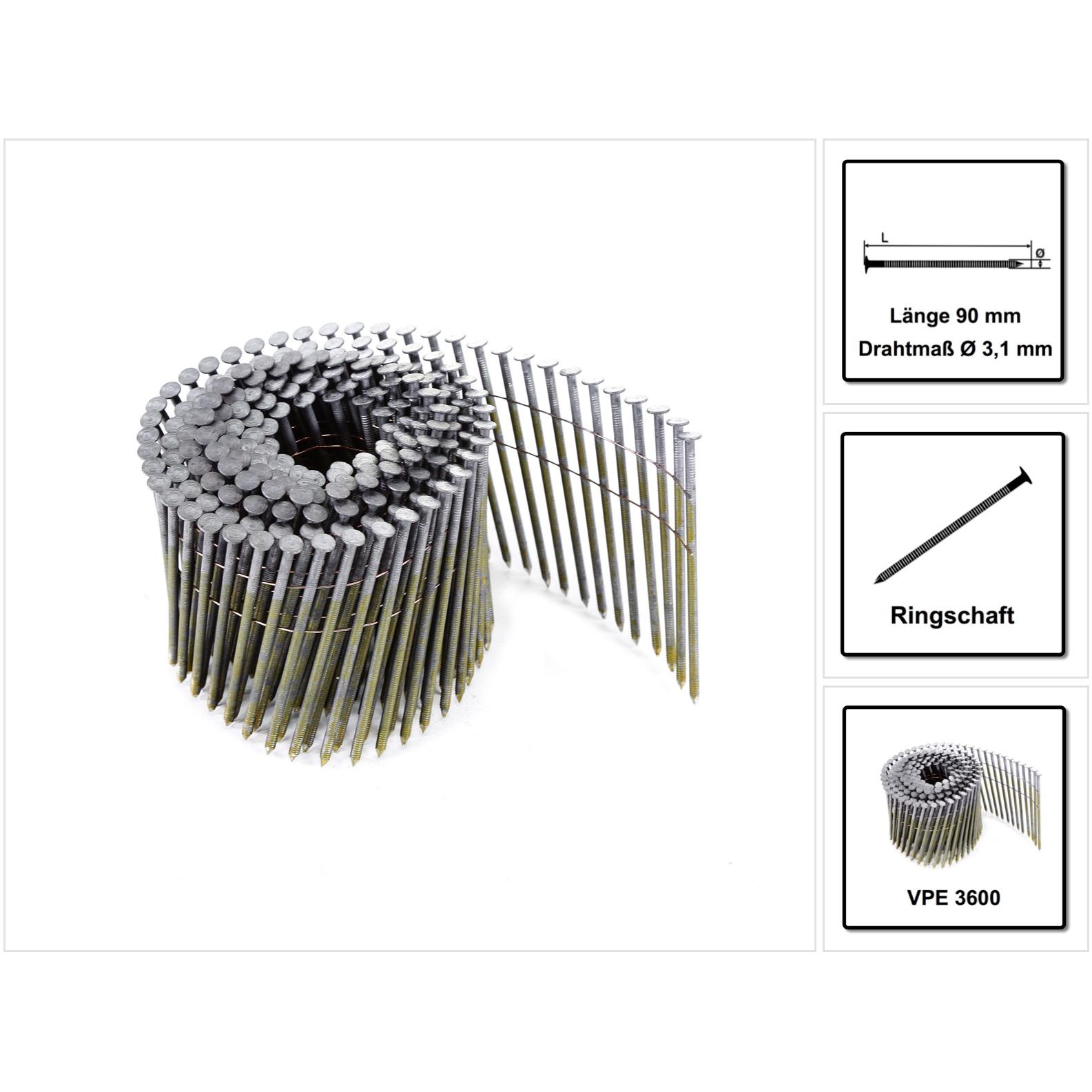 Prebena, Tackerklammern + Tackernägel, CoilNägel blank mit Ringschaft drahtmagaziniert90 mm