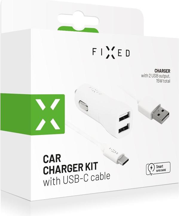 Actual product image Fixed Dual USB Car Charger 15W + USB/USB-C Cable, white