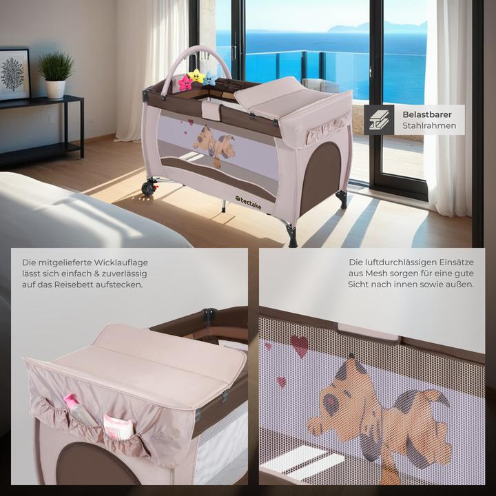 Produktbild tectake Kinderreisebett Hund mit Wickelauflage und Transporttasche (60 x 120 cm)