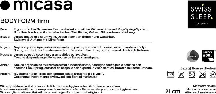 Nutritional values and ingredients SwissSleep by riposa Bodyform (90 x 200 cm, Spring core)