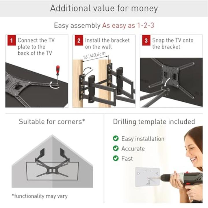 Immagine prodotto Barkan Supporto TV a doppio braccio estensibile, regolabile e inclinabile, fino a 60 kg (Muro, 90", 60 kg)