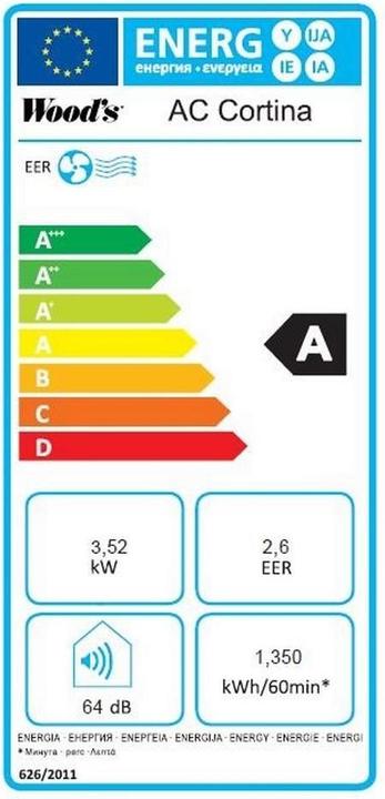 Label énergétique Wood's AC Cortina 12K Duo (50 m², 12000 BTU/h)
