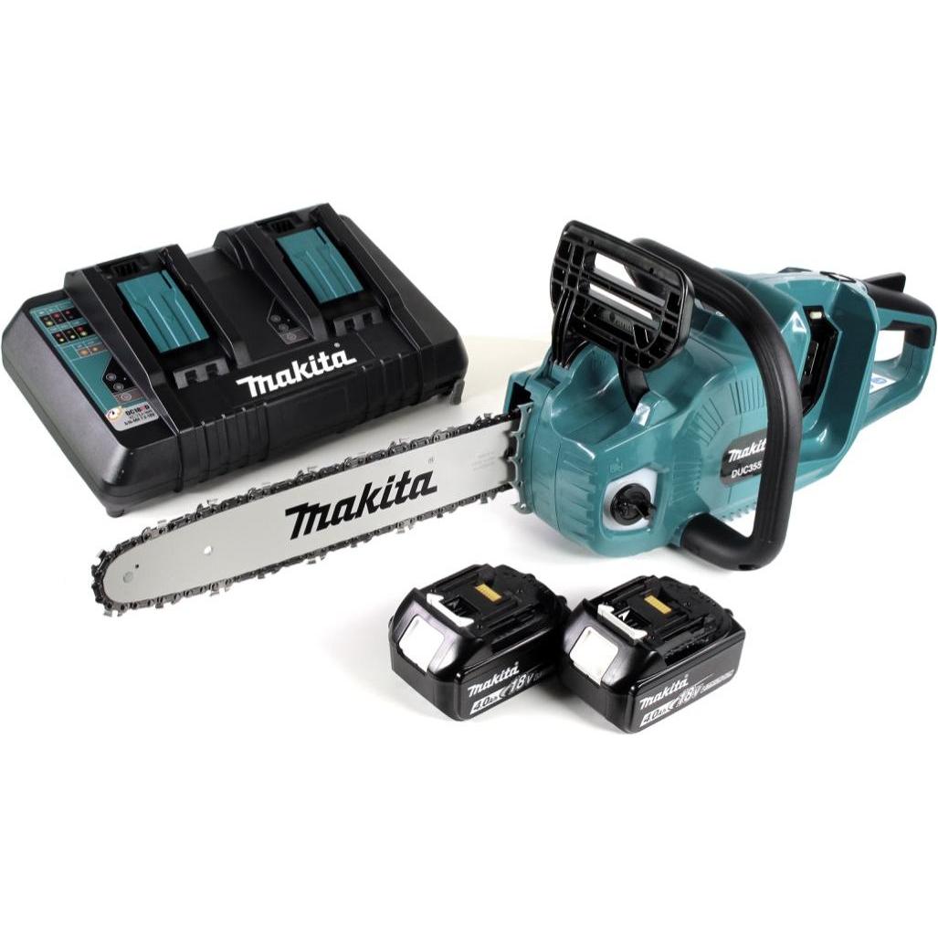 Makita, Kettensäge, DUC 355 PM2 Akku Kettensäge 36V ( 2x18V ) Brushless 35 cm + 2x 4,0 Ah Akku + Doppelladegerät (Akku K...