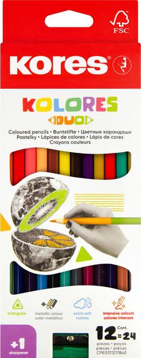 Image du produit Kores Crayons de couleur ""DUO"", étui carton de 12 pièces + taille-crayon GRATUIT avec champ pour le (12x)