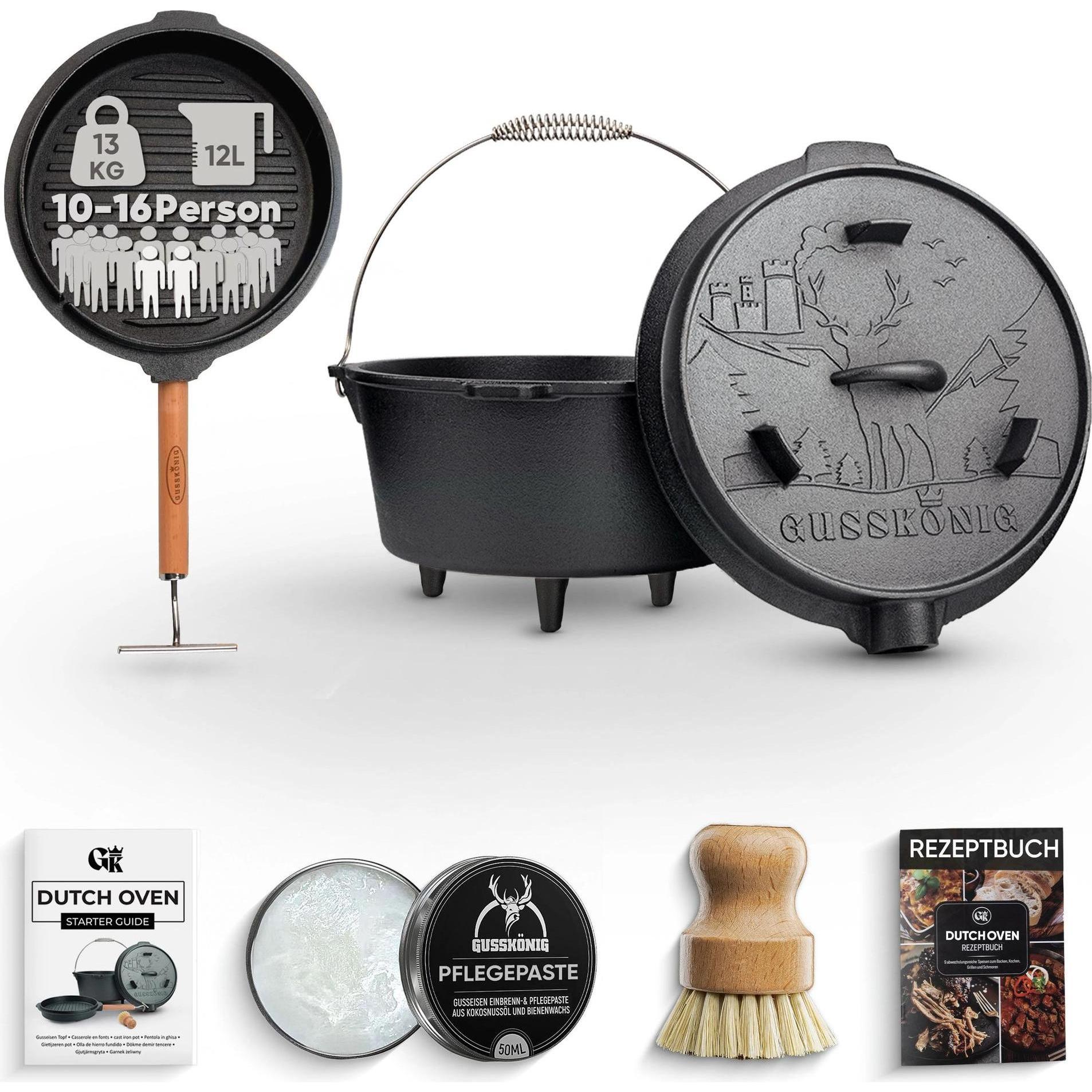 Gusskönig, Utensile per BBQ, Eingebrannter Dutch Oven Set 12L mit Füsse