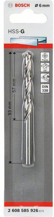 Immagine prodotto Bosch Professional Zubehör Trapano per metallo HSS-G, DIN 338, 6 x 57 x 93 mm, confezione da 1 pz. (6 mm)