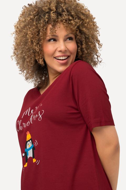Immagine prodotto Ulla Popken Maglia natalizia dal taglio svasato con pinguino, scollo a V e mezze maniche (46, 48)